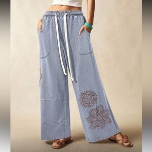 Flower patchwork pants Embroidered Blue Wide-Leg Pants